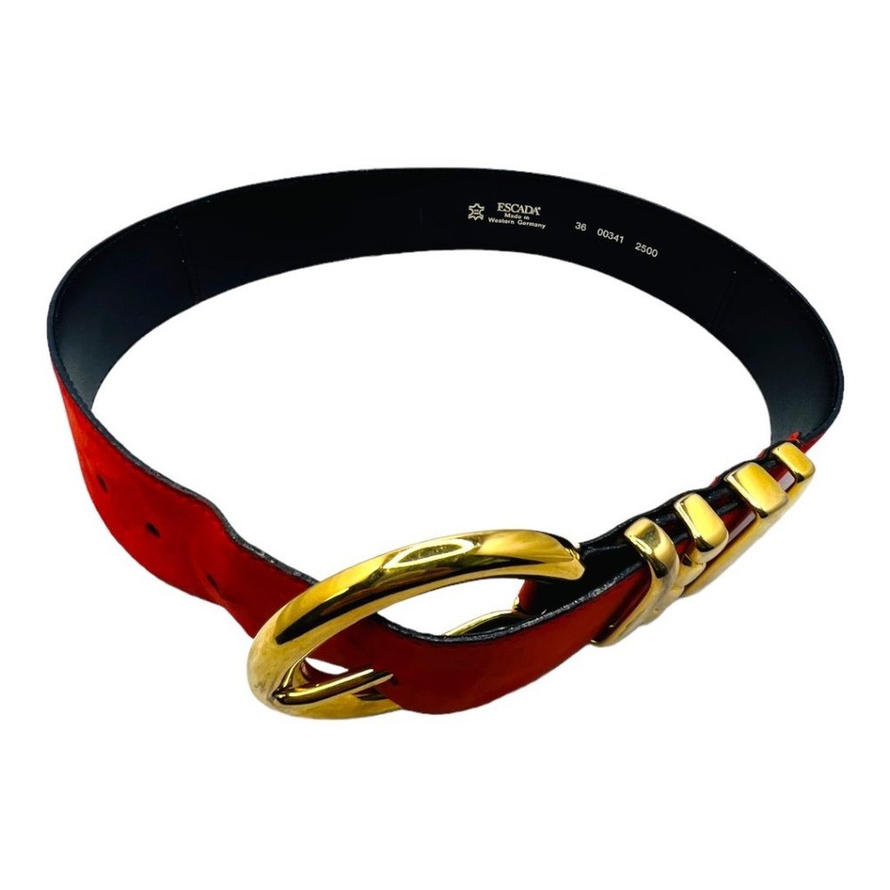 Escada 80's Leather Suede & Gilt Brass Color Block Two-Tone Vintage Belt - Picture 9 of 12